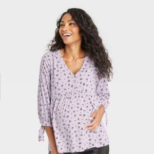 The Nines by HATCH Tie Sleeve Crepe Maternity Blouse Lilac Floral Print M